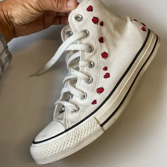 Converse Chuck Taylor ALL STAR White High-Tops with Red Heart & Roses Accents - Picture 7 of 15